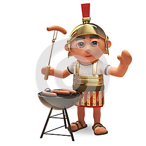 Hungry 3d cartoon Roman legionnaire solder cooking on a barbecue bbq, 3d illustration