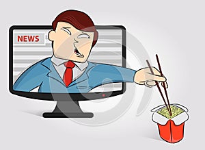 Hungry anchorperson got out of the TV to eat noodles. Funny News Anchor on TV Breaking News background. Male news anchor. Concept photo