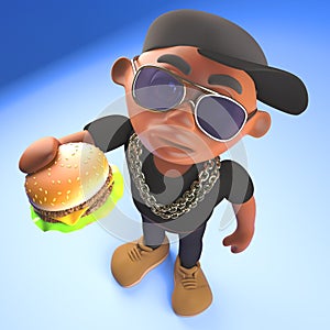 Hungry black hiphop rapper eating a delicious cheese burger snack, 3d illustration photo