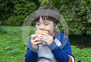 Hungry boy eating homemade bread sandwiches with mixed vegetables in the park, Child siting on green grass eating his snack picnic