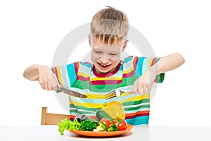 hungry boy 10 years old with a plate of vegetables, concept photo diet photo