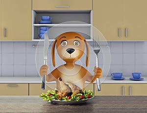 Hungry cartoon dog with bowl holds a knife and fork. 3d render