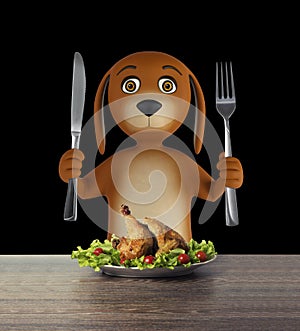 Hungry cartoon dog with bowl holds a knife and fork. isolated on black background. 3d render