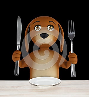 Hungry cartoon dog with empty bowl holds a knife and fork. on black background. 3d render