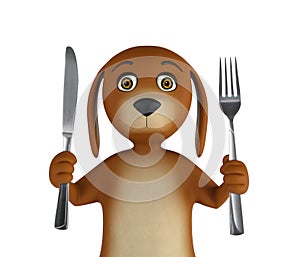 Hungry cartoon dog with knife and fork. Isolated on white background. 3d render