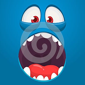 Hungry cartoon monster face with opened mouth. Vector Halloween monster square avatar photo