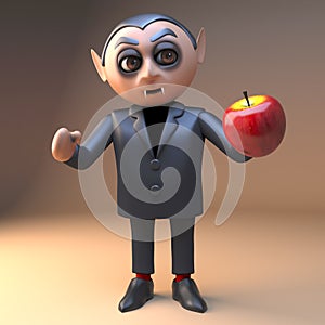 Hungry cartoon vampire dracula prepares to eat a juicy red apple, 3d illustration
