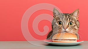 Hungry Cat Looking at a Delicious Hamburger