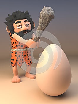 Hungry caveman with animal pelt and long beard swings his prehistoric club at a giant dinosaur egg, 3d illustration