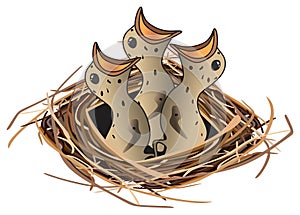 Hungry chirping bird chicks at nest vector drawing on isolated white background