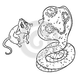 Hungry cobra snake getting ready to eat the mouse. Snake hypnotizing the rat rodent in anticipation of dinner. Cartoon comic style