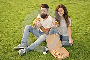 Hungry couple. hunger. family weekend. couple in love dating. happy couple eating pizza. Healthy food. fast food