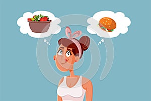 Hungry Craving Woman Deciding What to Eat Vector Cartoon Illustration
