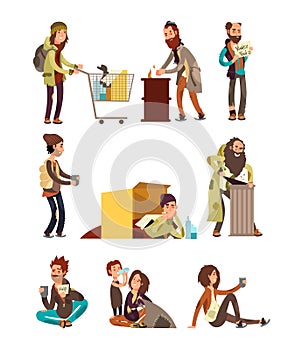 Hungry dirty homeless people. Adult woman and man begging money vector characters set