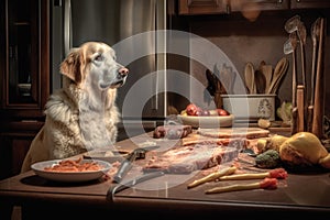 hungry dog looking at kitchen counter with food