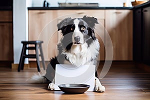 hungry dog sits in front of a food bowl AI generated