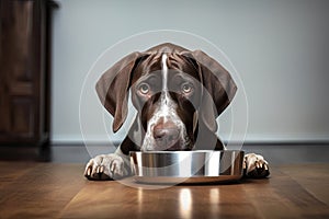 hungry dog sits in front of a food bowl AI generated