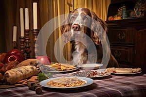 hungry dog staring longingly at a plate of food photo