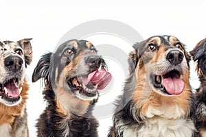 Hungry dogs group isolated, pets licking its lips with tongue out, waiting for eat, begging food on white