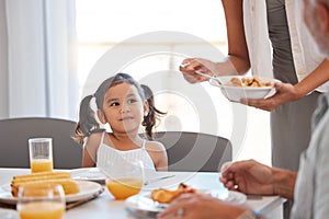 Hungry family, lunch food and child with hands of woman giving meal plate to youth kid at family reunion event. Love