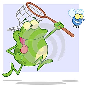 Hungry frog chasing fly with a net