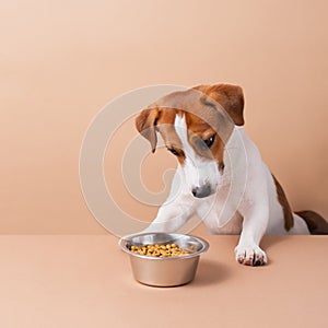 Hungry funny Jack Russell Terrier dog with dry pet food bowl licking with tongue on pastel background. Dry pet food concept