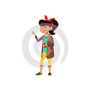hungry girl child holding drink cup waiting food order cartoon vector
