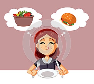 Hungry Girl Thinking What to Order in a Restaurant Vector Cartoon