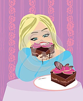 Hungry gluttonous woman eating pie