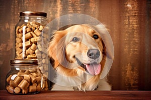 An hungry golden retriever near a bowl full of dog food