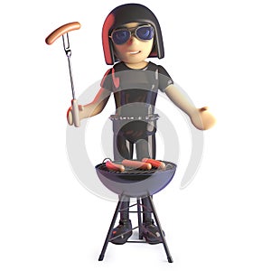 Hungry goth girl cooking sausages on a barbecue bbq, 3d illustration