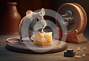 Hungry Gray Mouse Eating Cheese in Pantry - Generative AI