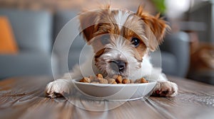 hungry Jack Russell Terrier puppies eagerly devouring food from a bowl, their enthusiasm palpable.