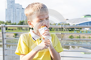 Hungry kid eating street food on the beach in summer. A little emotional boy eating fried sausages on a stick