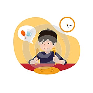 A hungry kid waiting for iftar time or break fasting vector illustration. children`s ramadan activity concept design