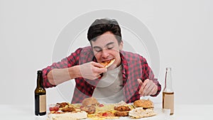 Hungry Man Eating Pizza on White Background