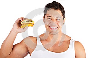 Hungry man with hamburger. over white background