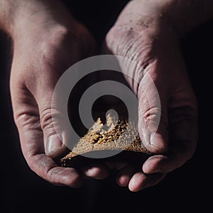 Hungry man holding bread on a black background, hands with food clo