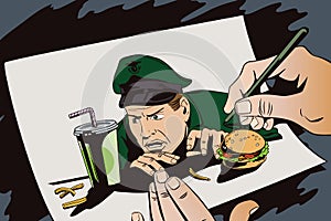 A hungry man in uniform looks at food. Stock illustration.