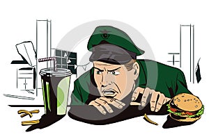 A hungry man in uniform looks at food. Stock illustration.