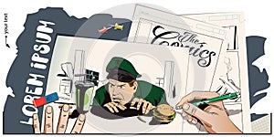 A hungry man in uniform looks at food. Stock illustration.
