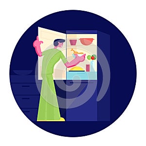 Hungry Man Wearing Pajamas Stand at Open Refrigerator at Night Going to Eat. Male Character Searching Meal at Darkness