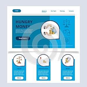 Hungry money flat landing page website template. Unjust, provocation, resist. Web banner with header, content and footer