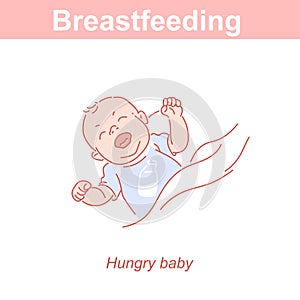 Hungry newborn baby crying. Signs of hunger. Breastfeeding.