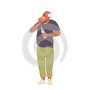 Hungry overweight adult man character eating burger fast food drinking soda isolated on white