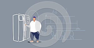 Hungry overweight man standing near refrigerator fat obese guy taking food in fridge over size concept modern kitchen