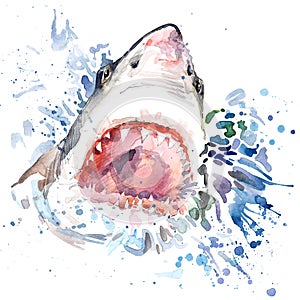 Hungry shark T-shirt graphics. shark illustration with splash watercolor textured background. unusual illustration watercolor hung