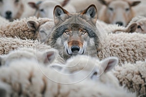 A hungry wolf hides among a flock of sheep. Generative AI
