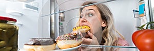 Hungry Woman Eating Cake From Refrigerator