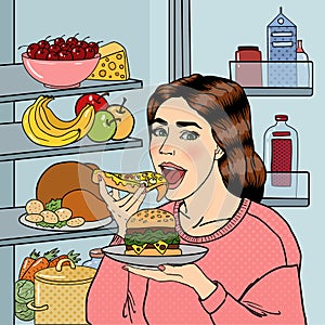 Hungry Woman Eating Unhealthy Food Near Fridge. Pop Art. Vector